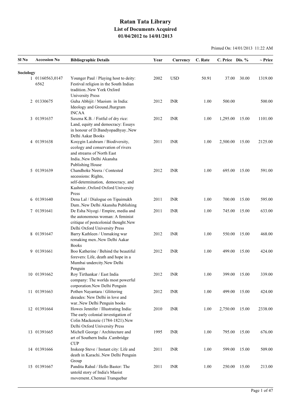 Ratan Tata Library List of Documents Acquired 01/04/2012 to 14/01/2013