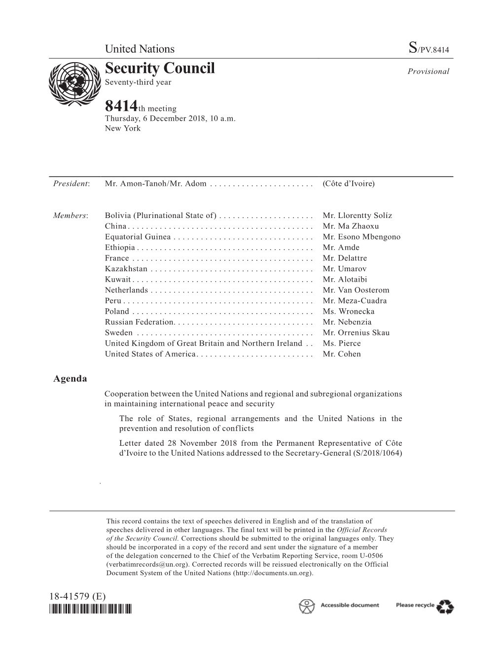 S/PV.8414 Cooperation Between the United Nations and Regional and Subregional Organizations 06/12/2018