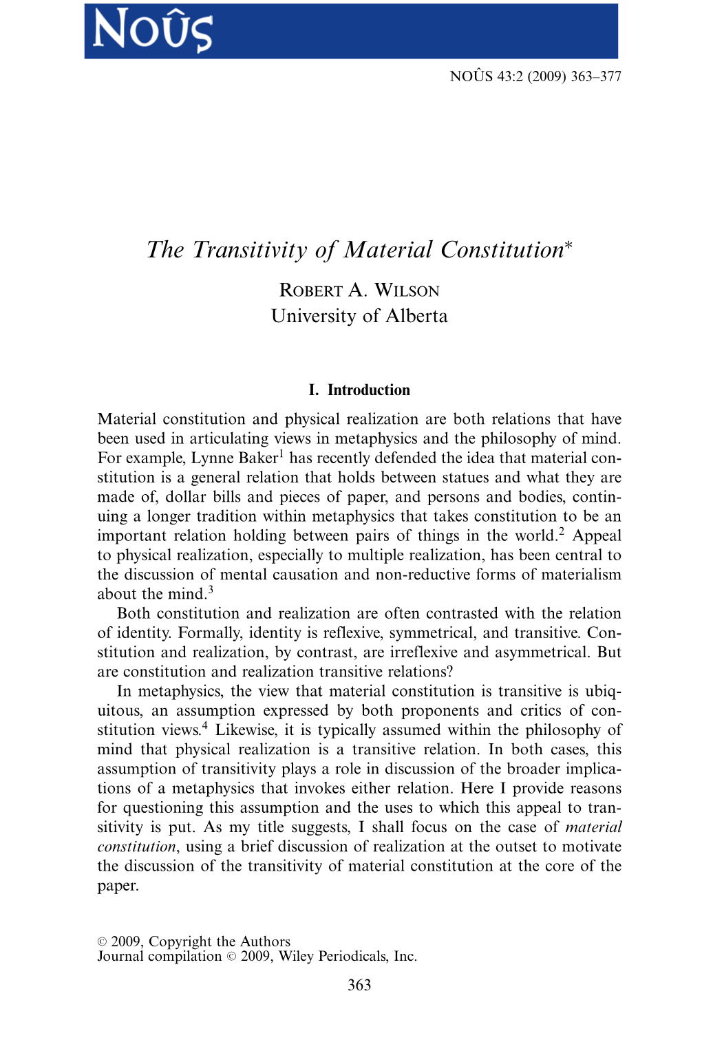 The Transitivity of Material Constitution*