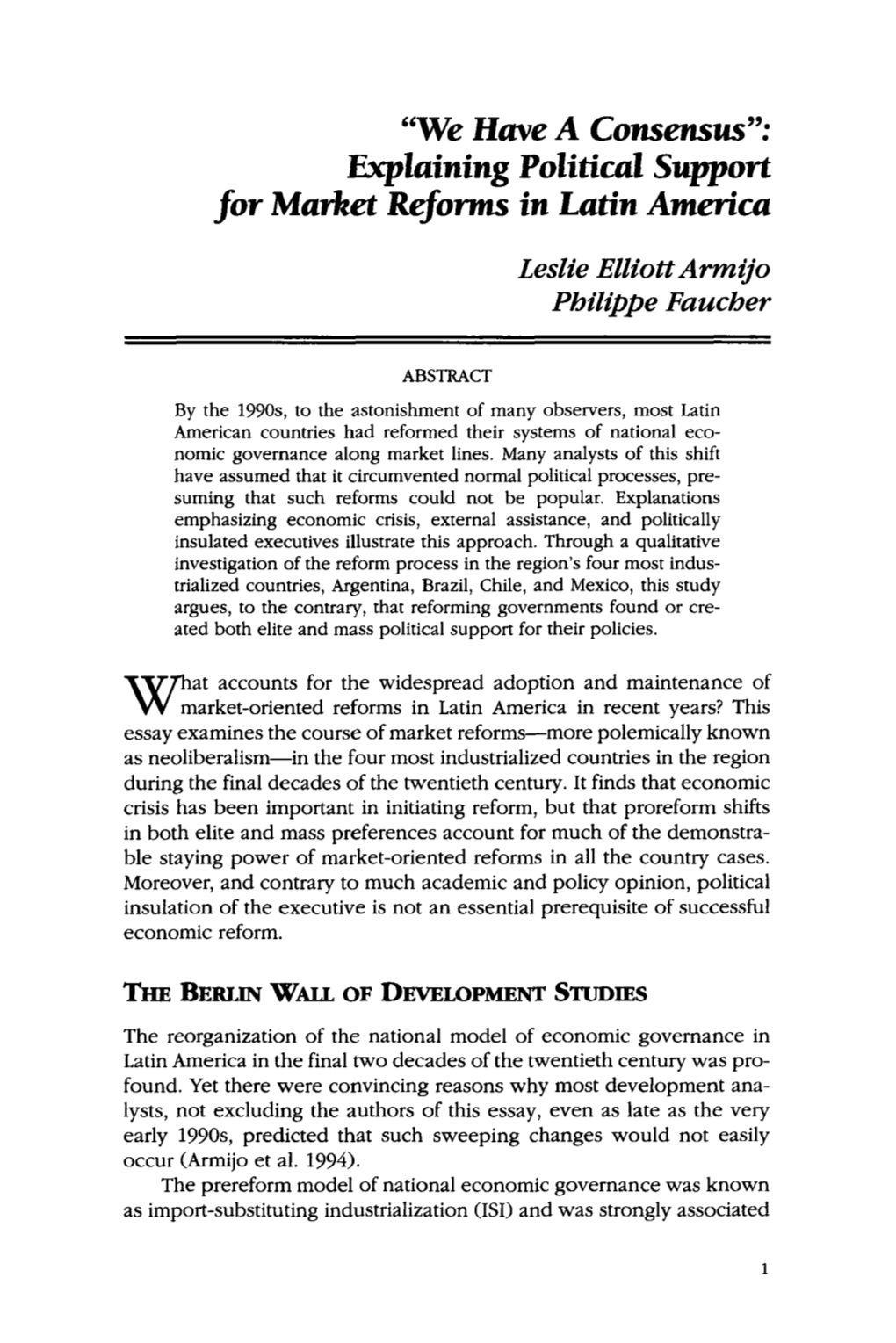 Explaining Political Support for Market Reforms In