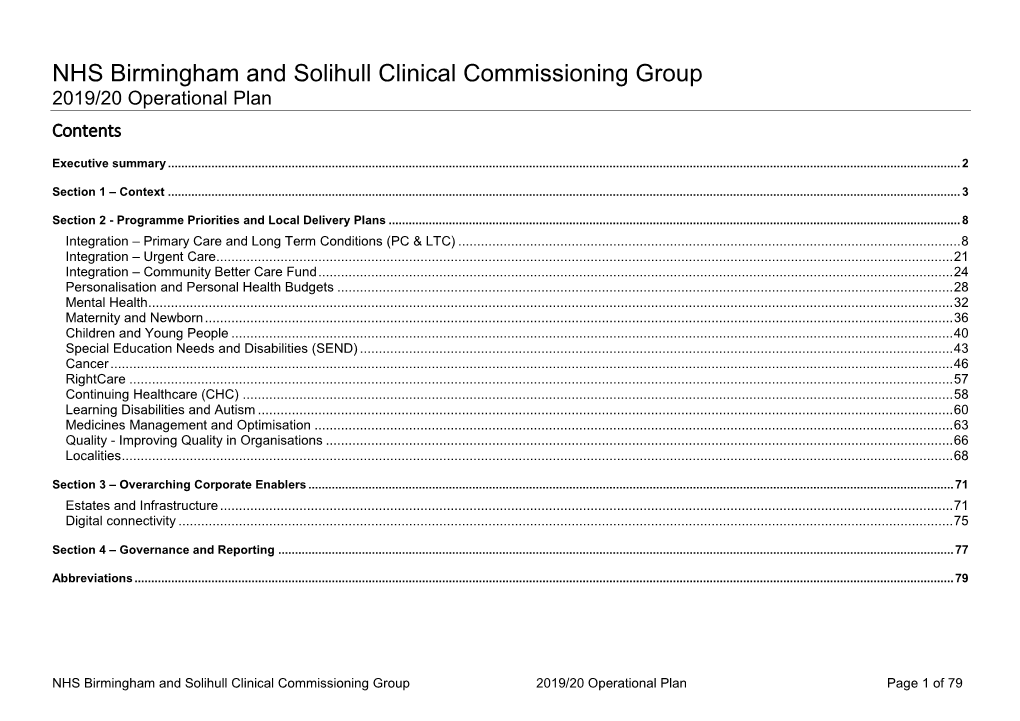 NHS Birmingham and Solihull Clinical Commissioning Group 2019/20 Operational Plan Contents