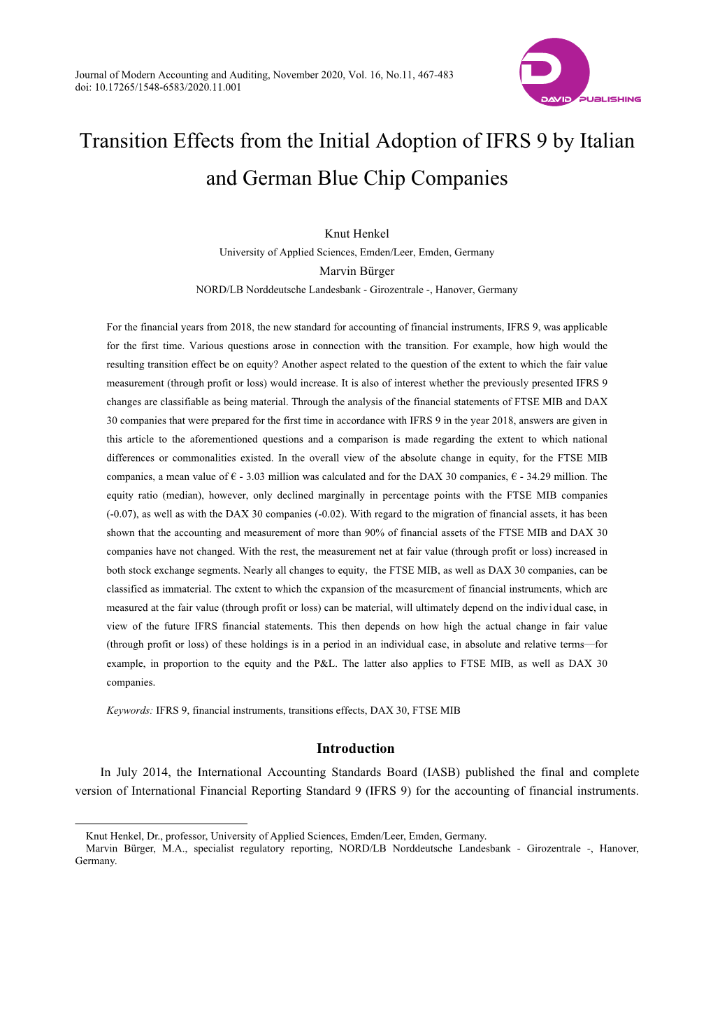 Transition Effects from the Initial Adoption of IFRS 9 by Italian and German Blue Chip Companies