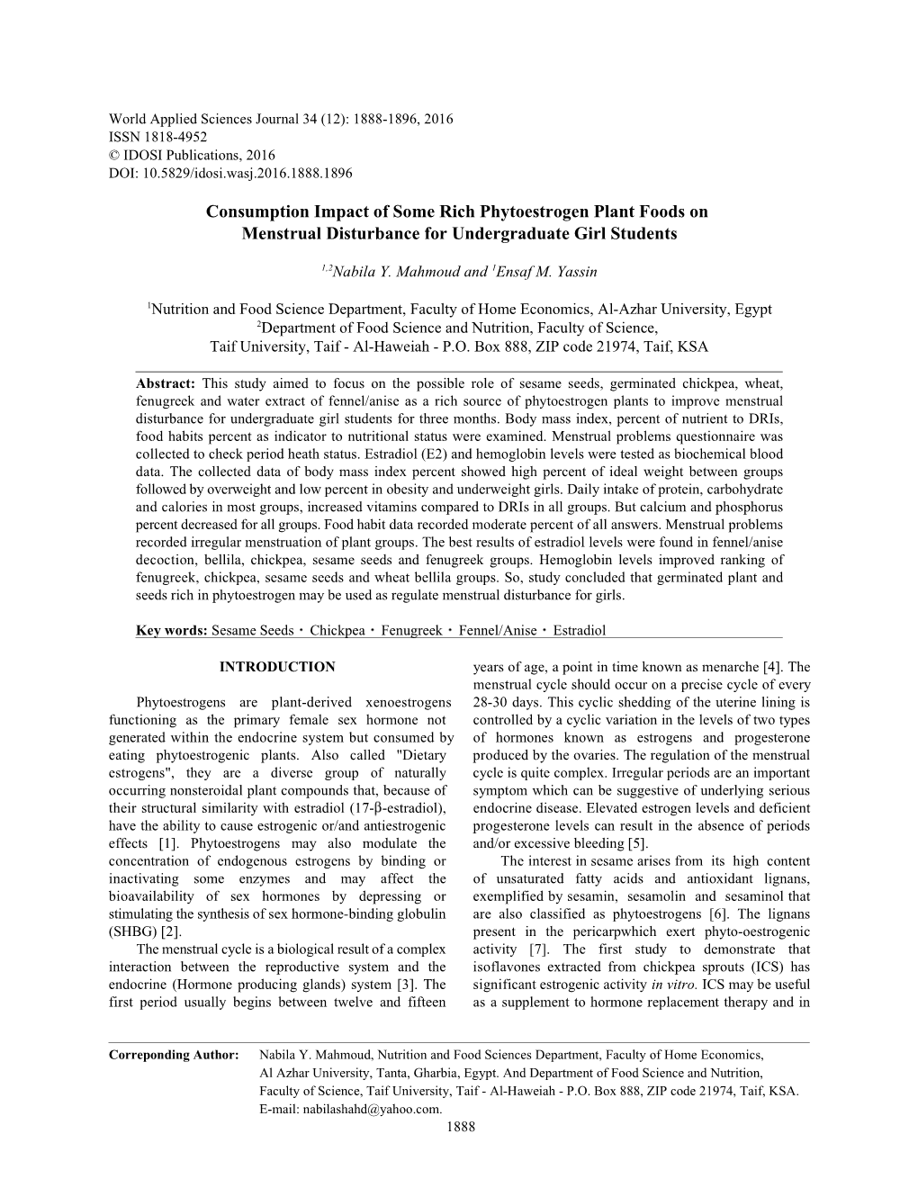 Consumption Impact of Some Rich Phytoestrogen Plant Foods on Menstrual Disturbance for Undergraduate Girl Students