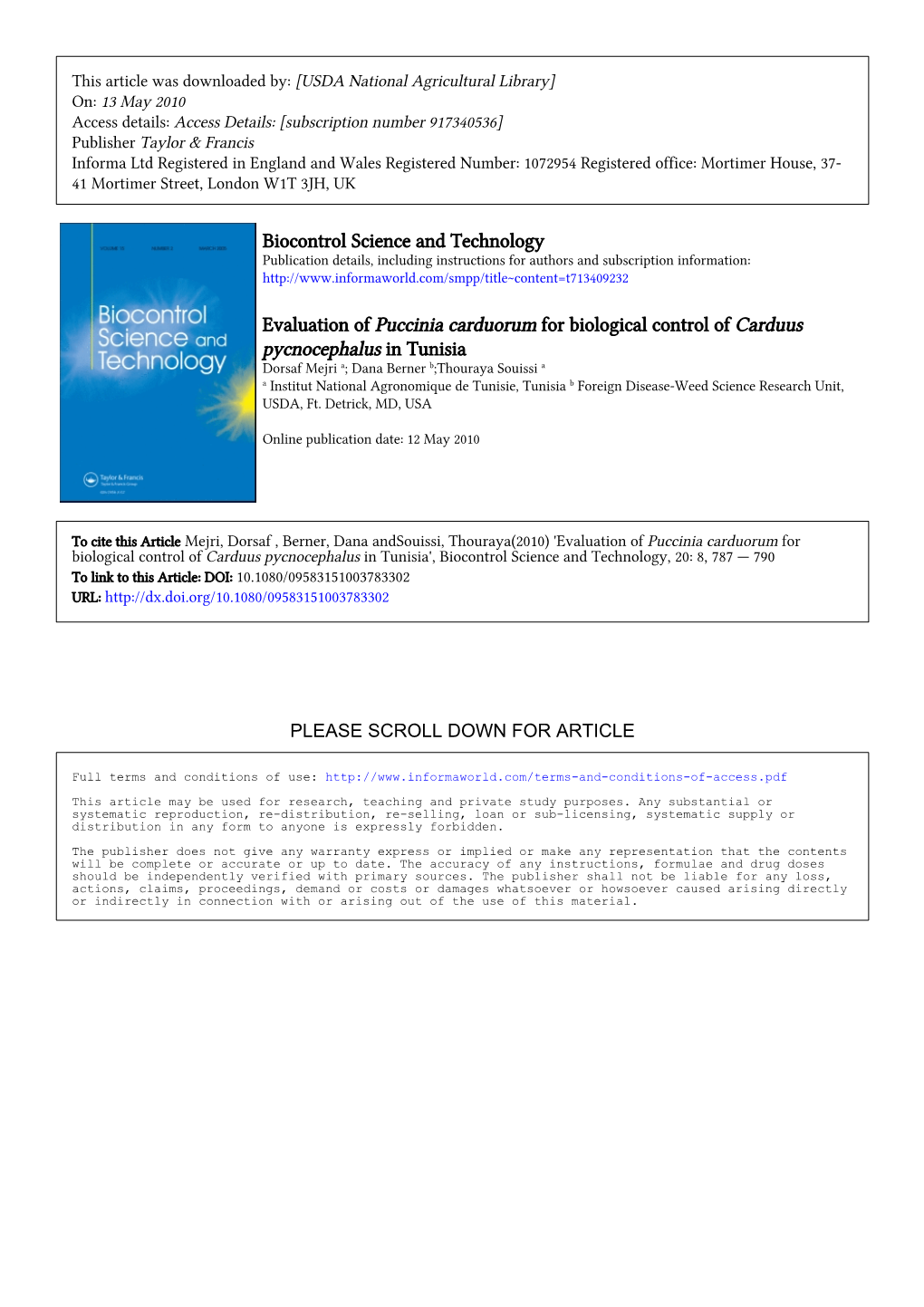 Biocontrol Science and Technology Evaluation of Puccinia Carduorum