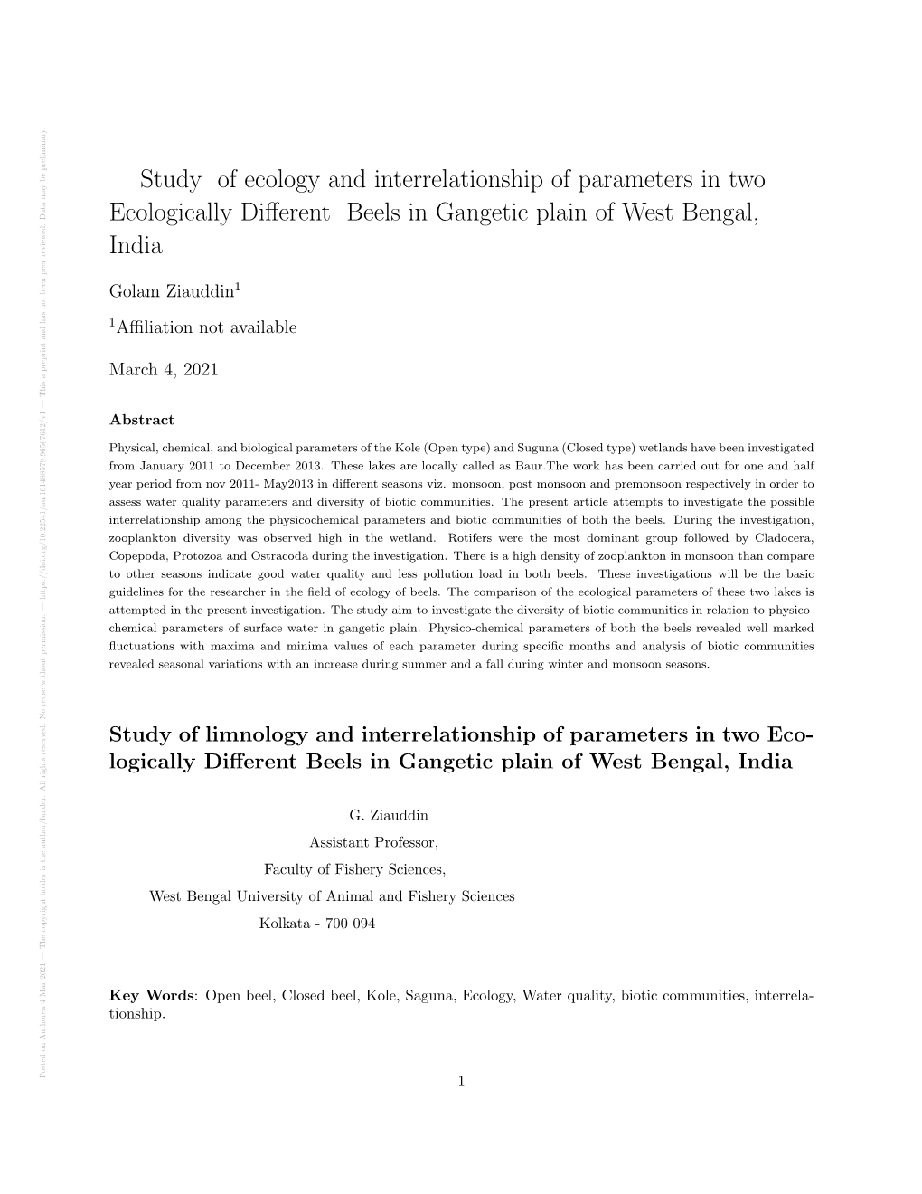 Study of Ecology and Interrelationship of Parameters in Two Ecologically Different Beels in Gangetic Plain of West Bengal, India