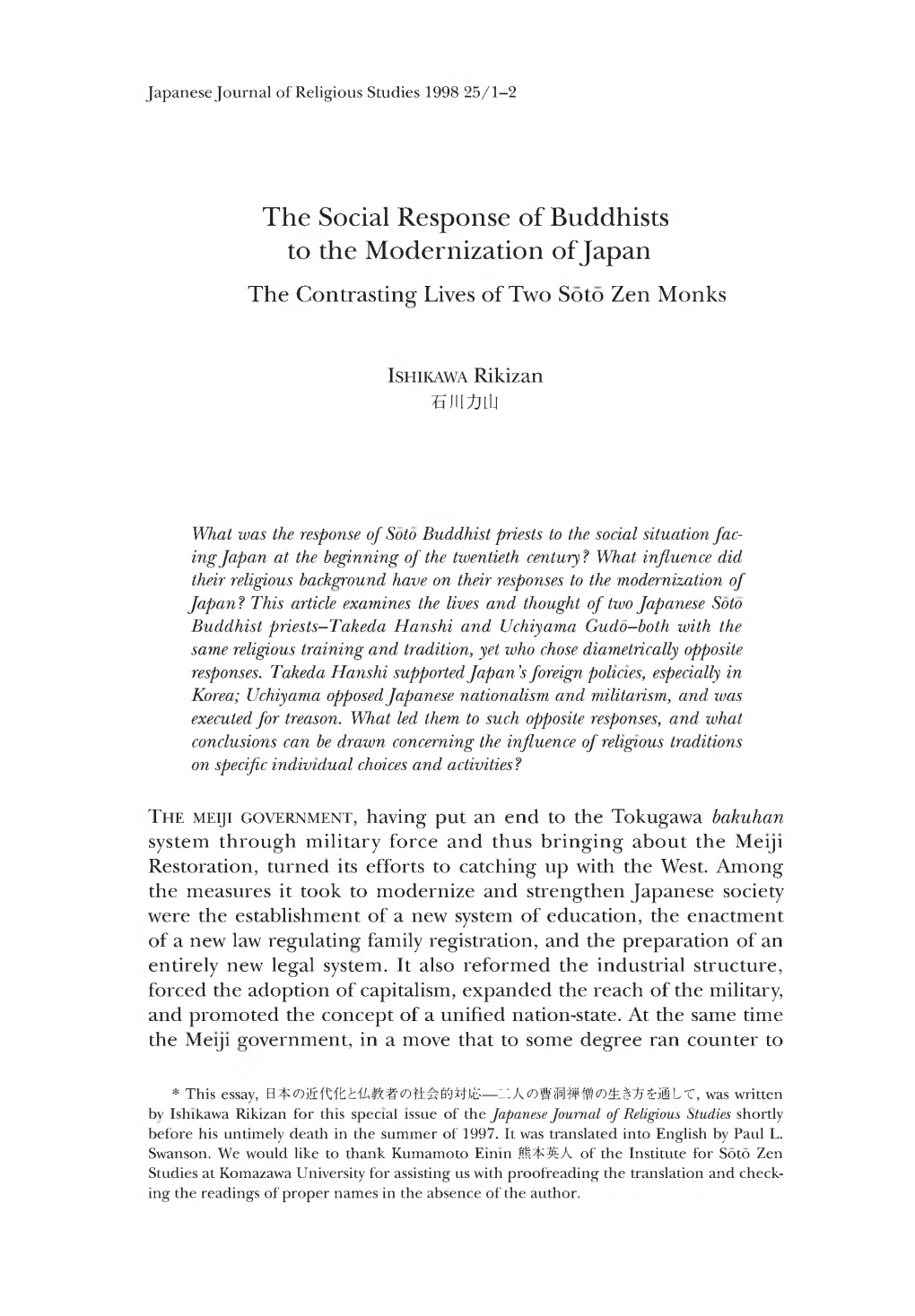 The Social Response of Buddhists to the Modernization of Japan the Contrasting Lives of Two Soto Zen Monks