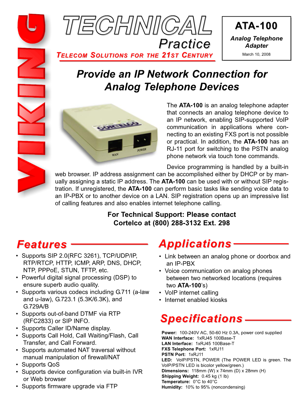 Cortelco ATA-100 Analog Telephone Adapter Technical Specifications