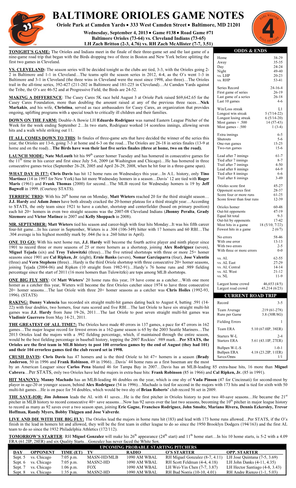 BALTIMORE ORIOLES GAME NOTES Oriole Park at Camden Yards  333 West Camden Street  Baltimore, MD 21201