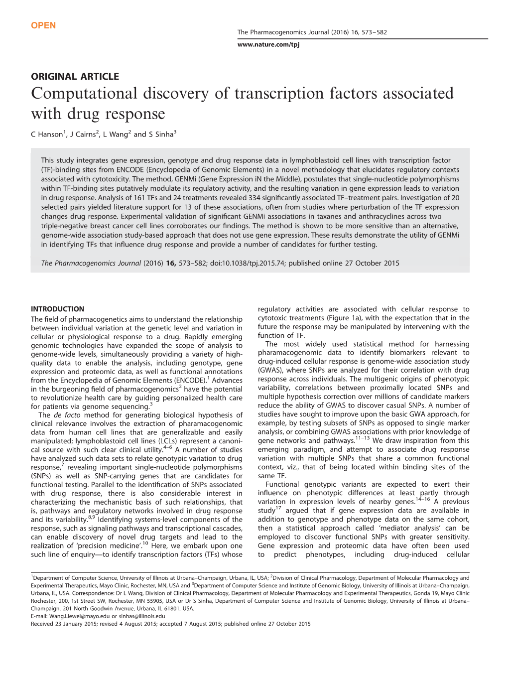 Computational Discovery of Transcription Factors Associated with Drug Response
