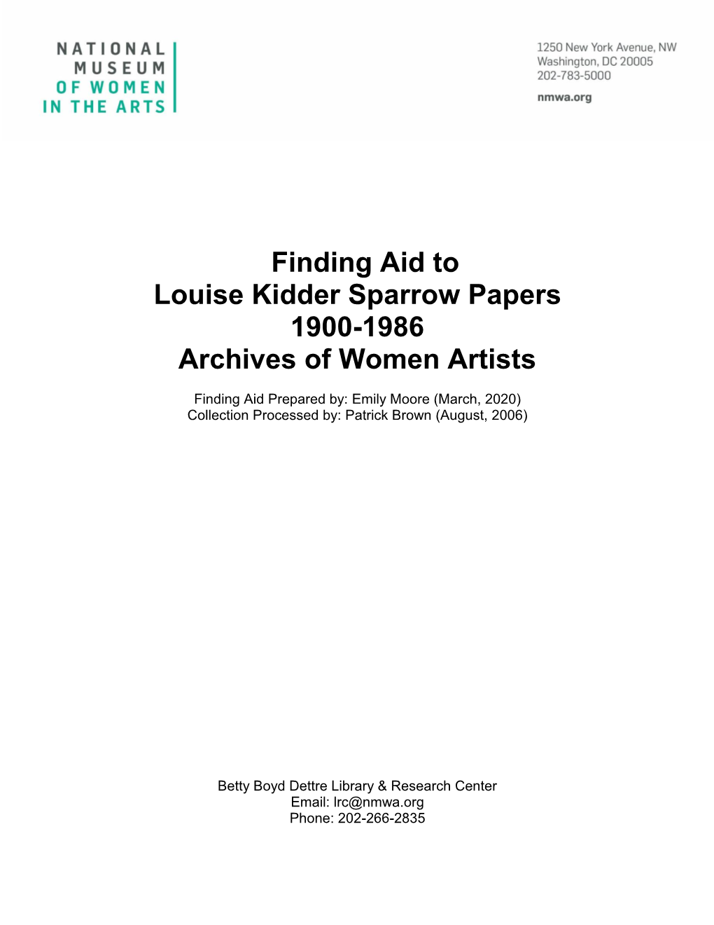 Finding Aid to Louise Kidder Sparrow Papers 1900-1986 Archives of Women Artists