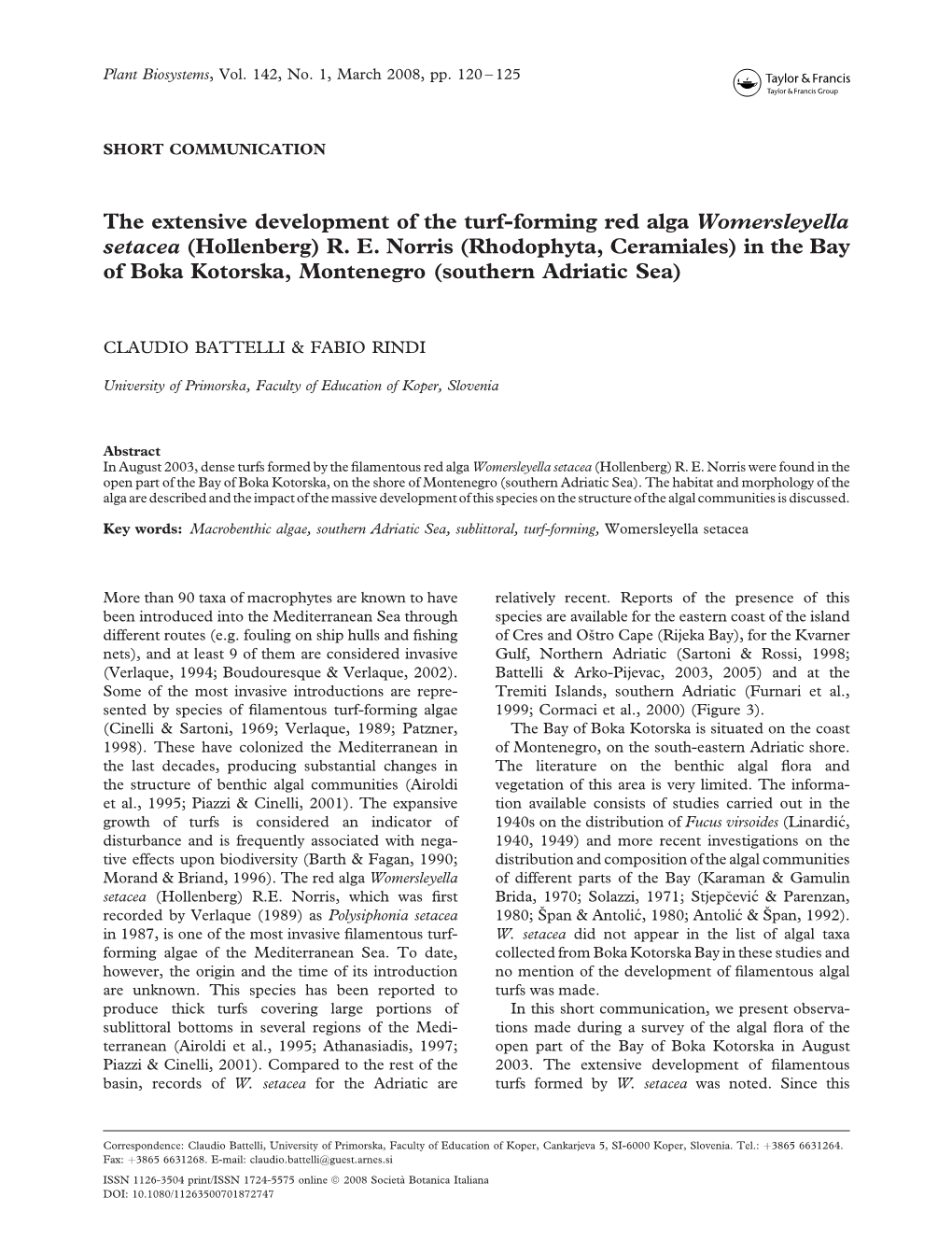 The Extensive Development of the Turf-Forming Red Alga Womersleyella Setacea (Hollenberg) R. E. Norris (Rhodophyta, Ceramiales)