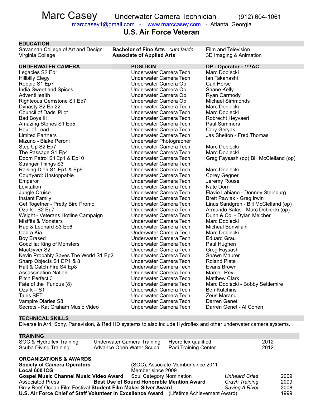 Marc Casey Underwater Camera Tech July 2019 Resume