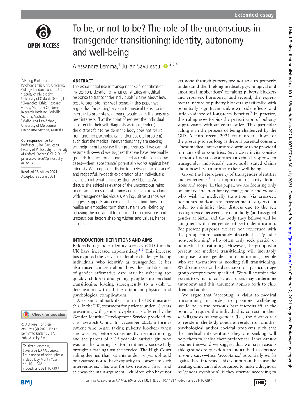 To Be, Or Not to Be? the Role of the Unconscious in Transgender Transitioning: Identity, Autonomy and Well-Being