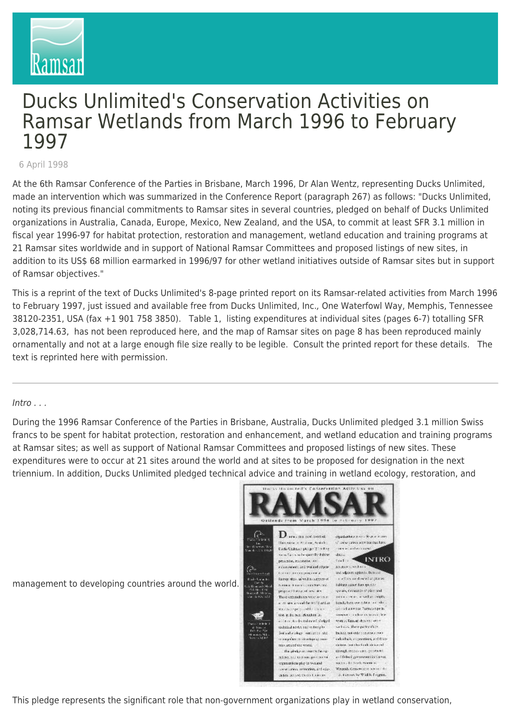 S Conservation Activities on Ramsar Wetlands from March 1996 to February 1997 6 April 1998