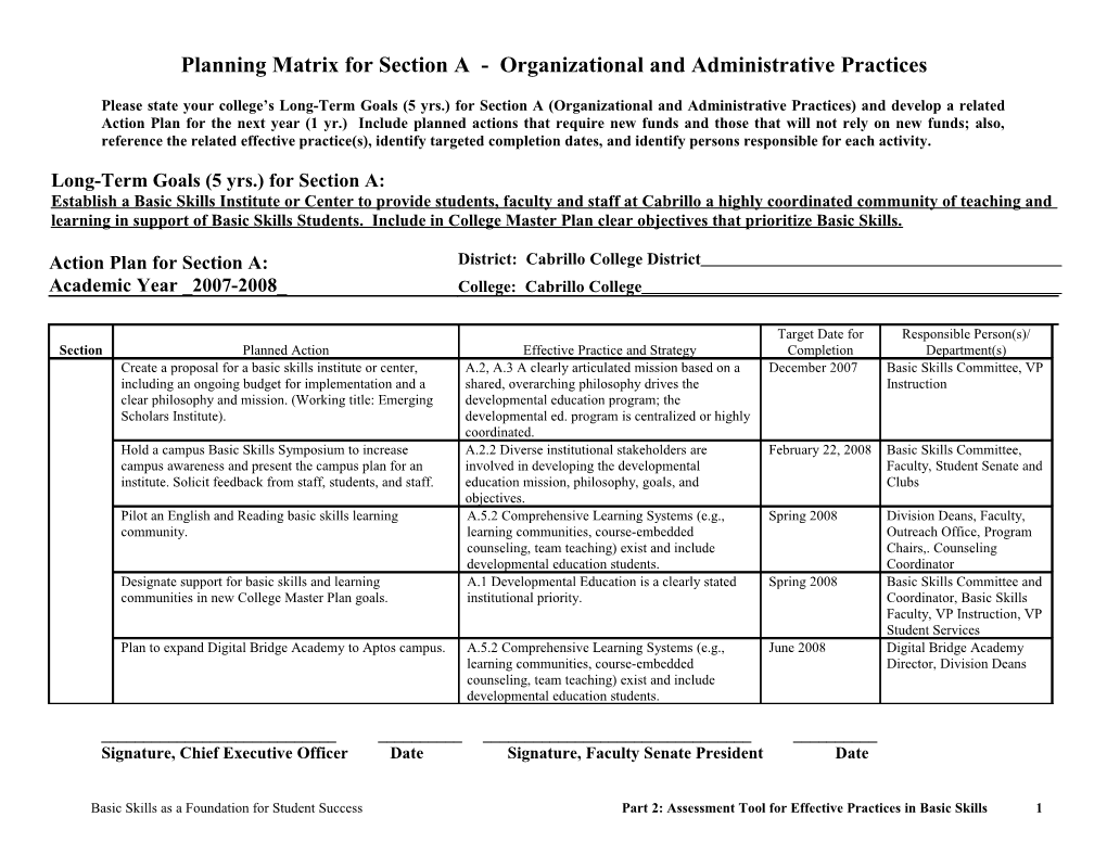 Planning Matrix For Section A - Organizational And Administrative Practices