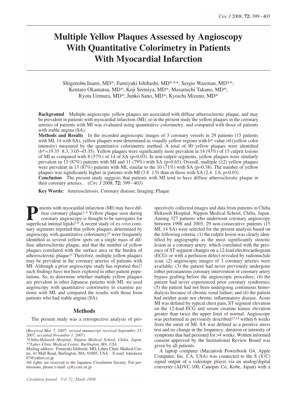 Multiple Yellow Plaques Assessed by Angioscopy with Quantitative Colorimetry in Patients with Myocardial Infarction