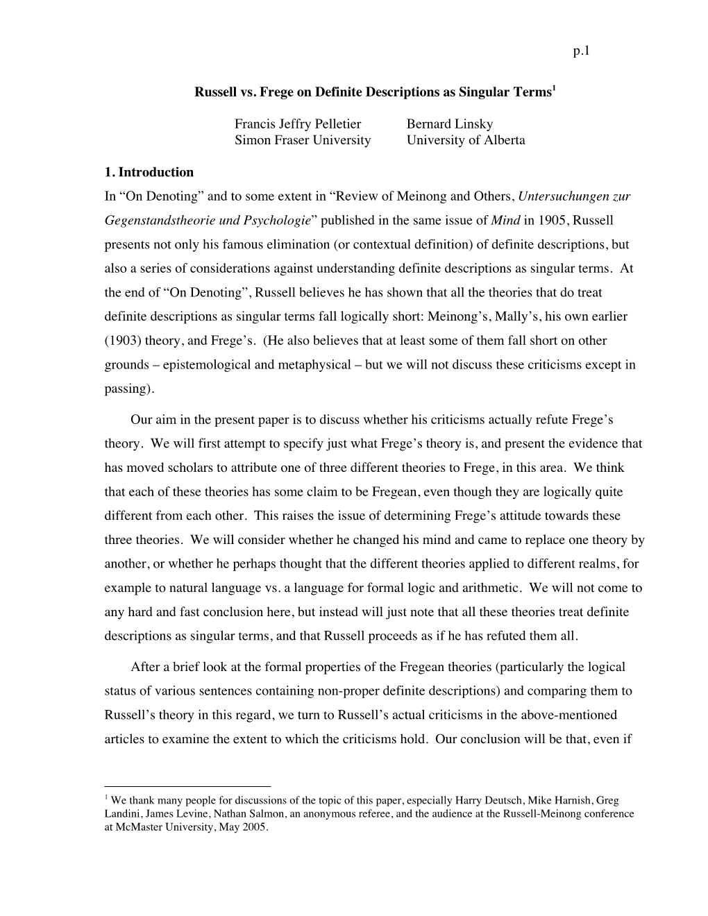 P.1 Russell Vs. Frege on Definite Descriptions As Singular Terms1