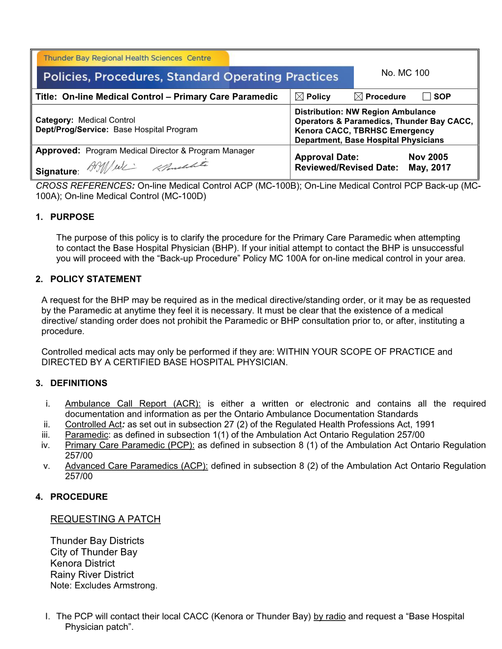 On-Line Medical Control PCP (MC-100)