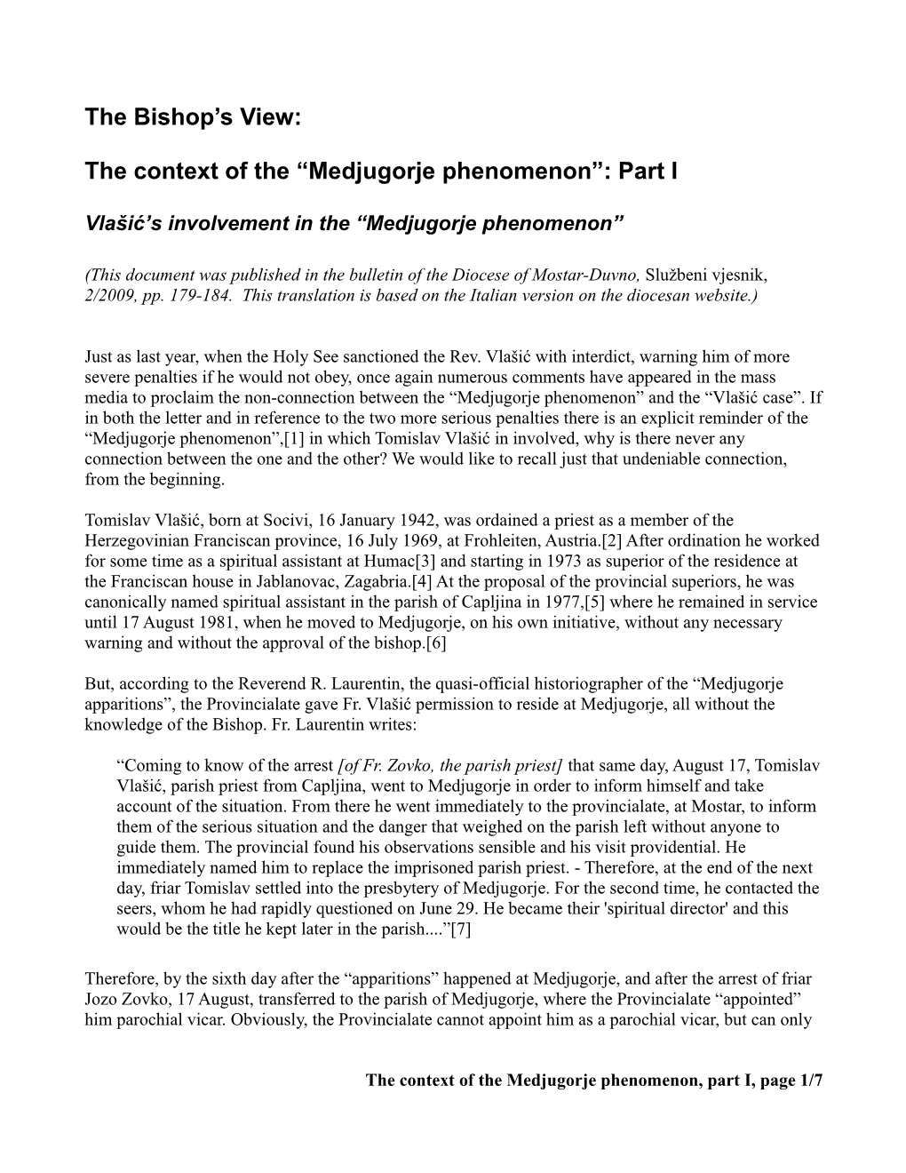 The Bishop's View: the Context of the “Medjugorje Phenomenon