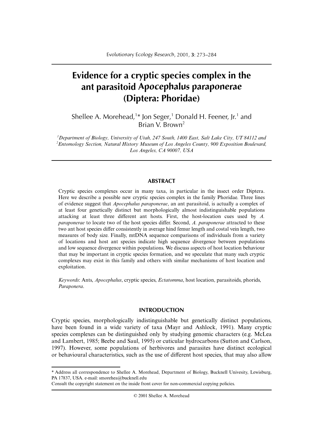 Evidence for a Cryptic Species Complex in the Ant Parasitoid Apocephalus Paraponerae (Diptera: Phoridae)