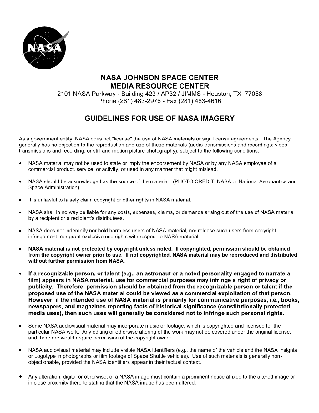 Guidelines for Use of Nasa Imagery