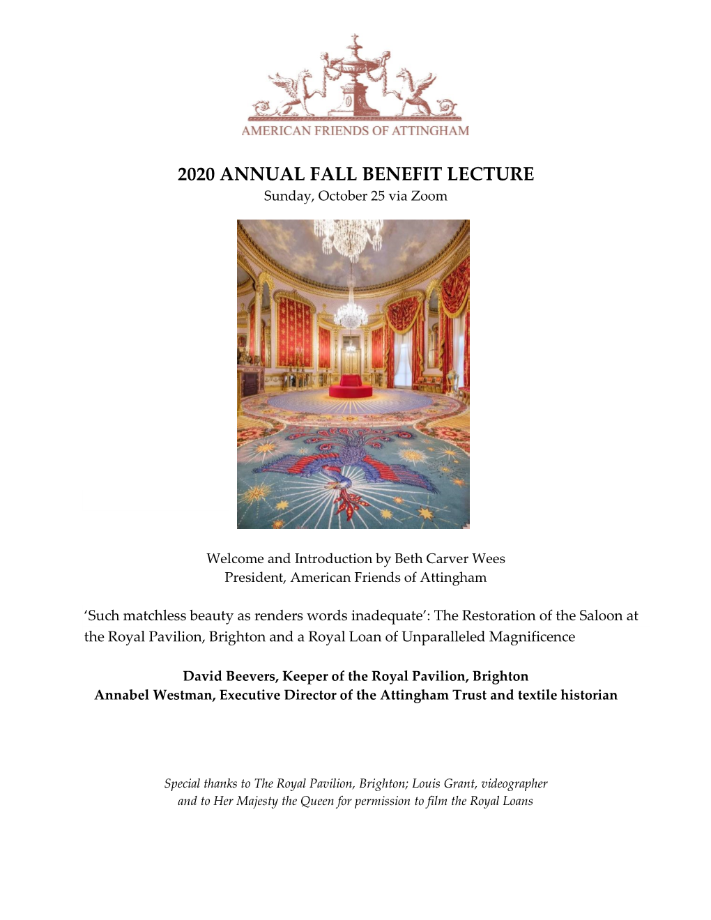 2020 ANNUAL FALL BENEFIT LECTURE Sunday, October 25 Via Zoom