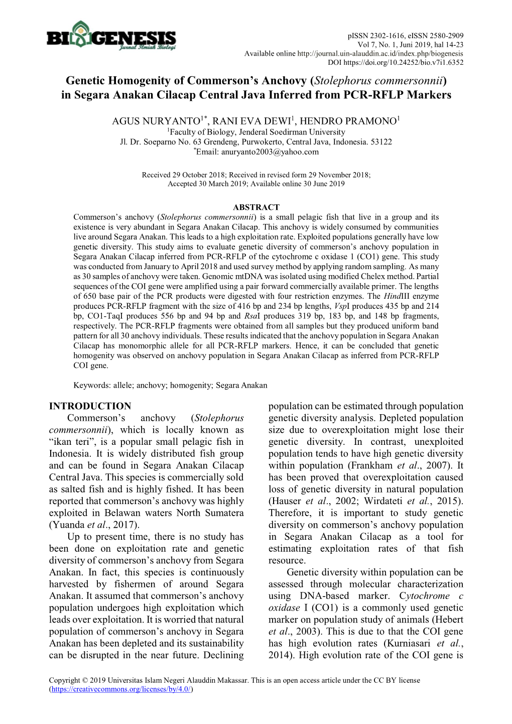 Genetic Homogenity of Commerson's Anchovy (Stolephorus Commersonnii)