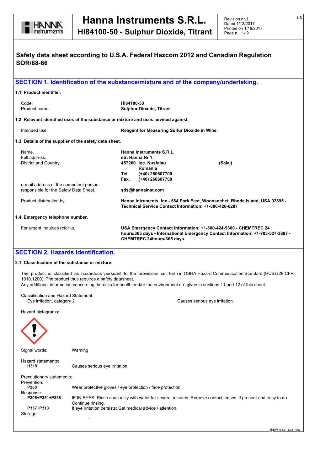 Sulphur Dioxide, Titrant Page N