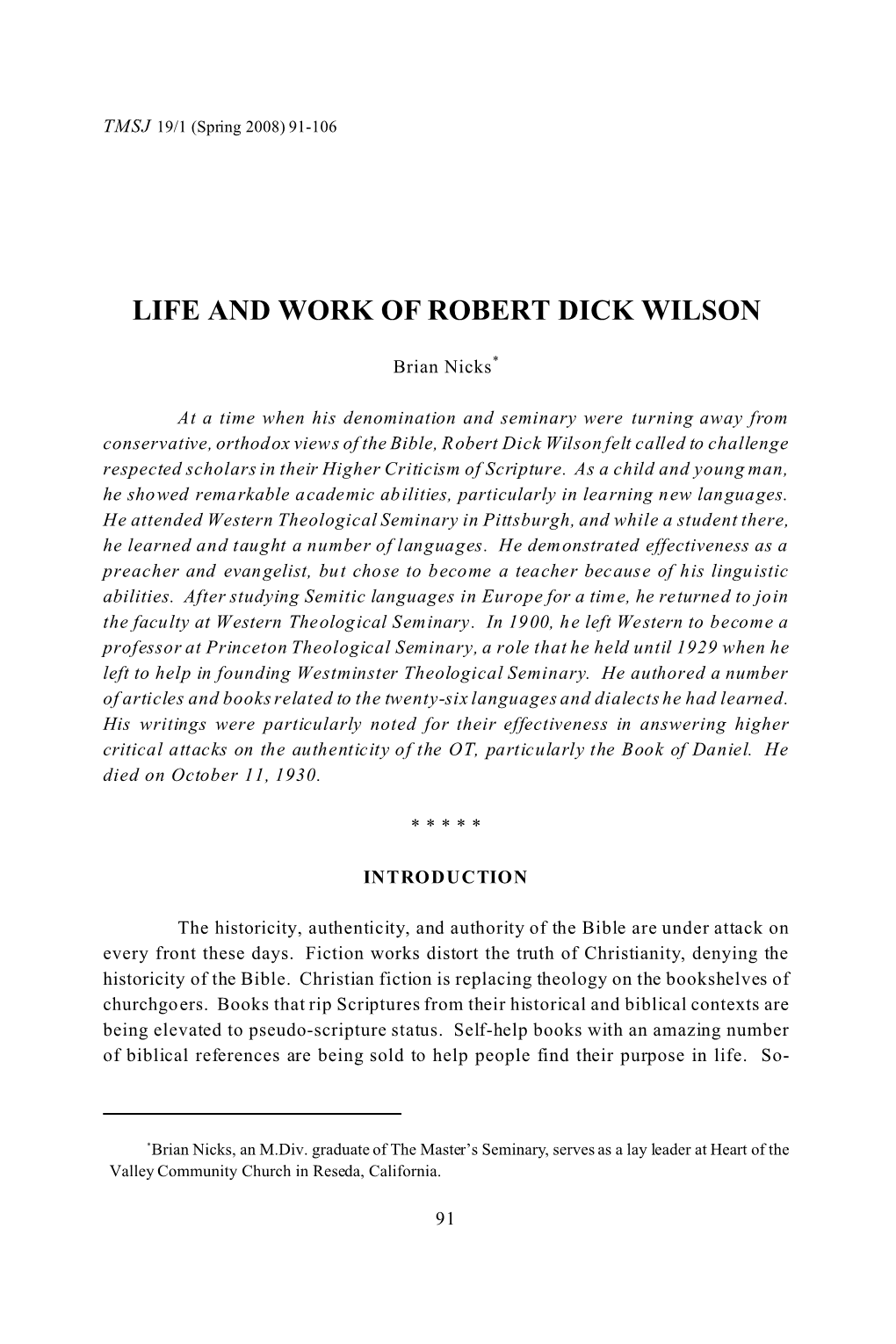 Life and Work of Robert Dick Wilson