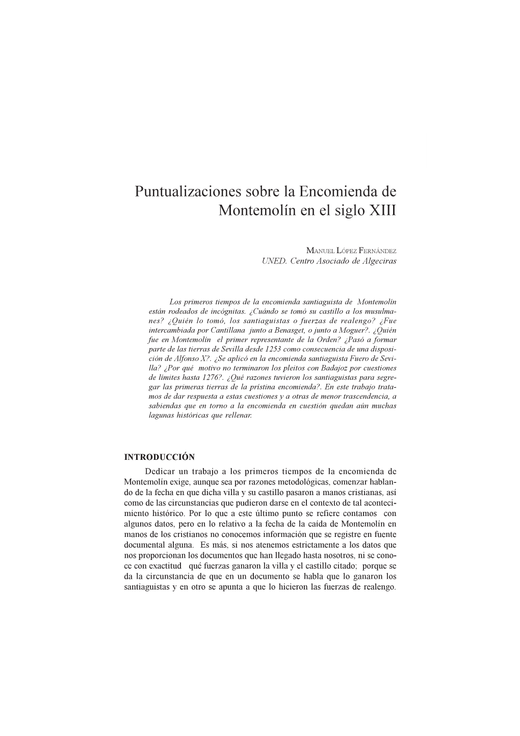 Puntualizaciones Sobre La Encomienda De Montemolín En El Siglo XIII