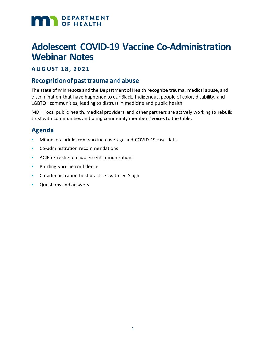Adolescent COVID-19 Vaccine Co-Administration Webinar Notes.Pdf