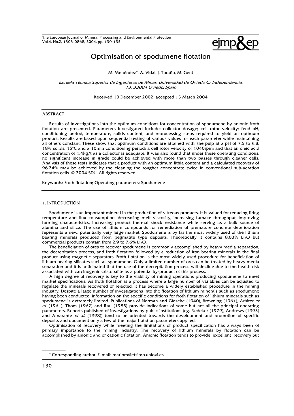 Optimisation of Spodumene Flotation