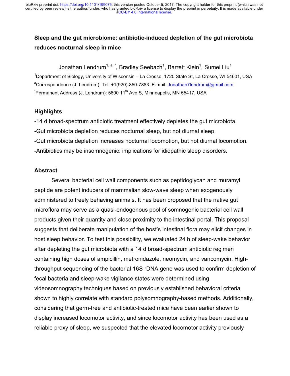 Antibiotic-Induced Depletion of the Gut Microbiota Reduces Nocturnal Sleep in Mice