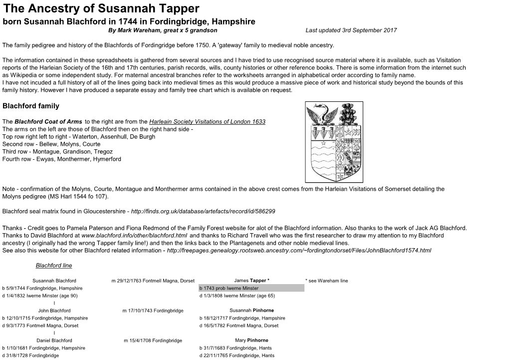 The Ancestry of Susannah Tapper Born Susannah Blachford in 1744 in Fordingbridge, Hampshire by Mark Wareham, Great X 5 Grandson Last Updated 3Rd September 2017