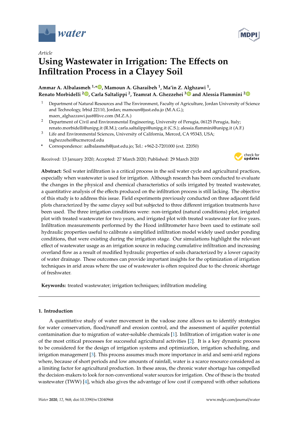 Using Wastewater in Irrigation: the Eﬀects on Inﬁltration Process in a Clayey Soil