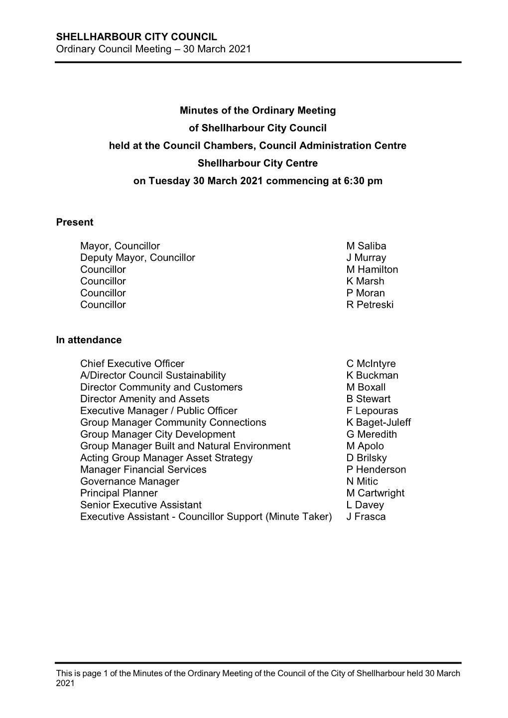 SHELLHARBOUR CITY COUNCIL Ordinary Council Meeting – 30 March 2021