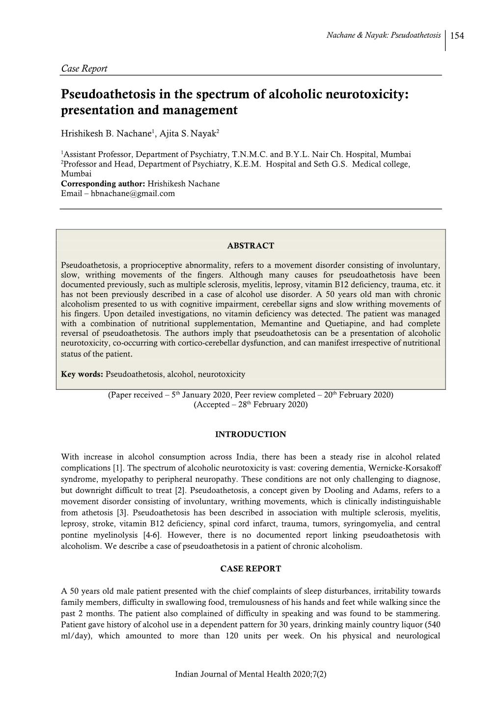 Pseudoathetosis in the Spectrum of Alcoholic Neurotoxicity: Presentation and Management