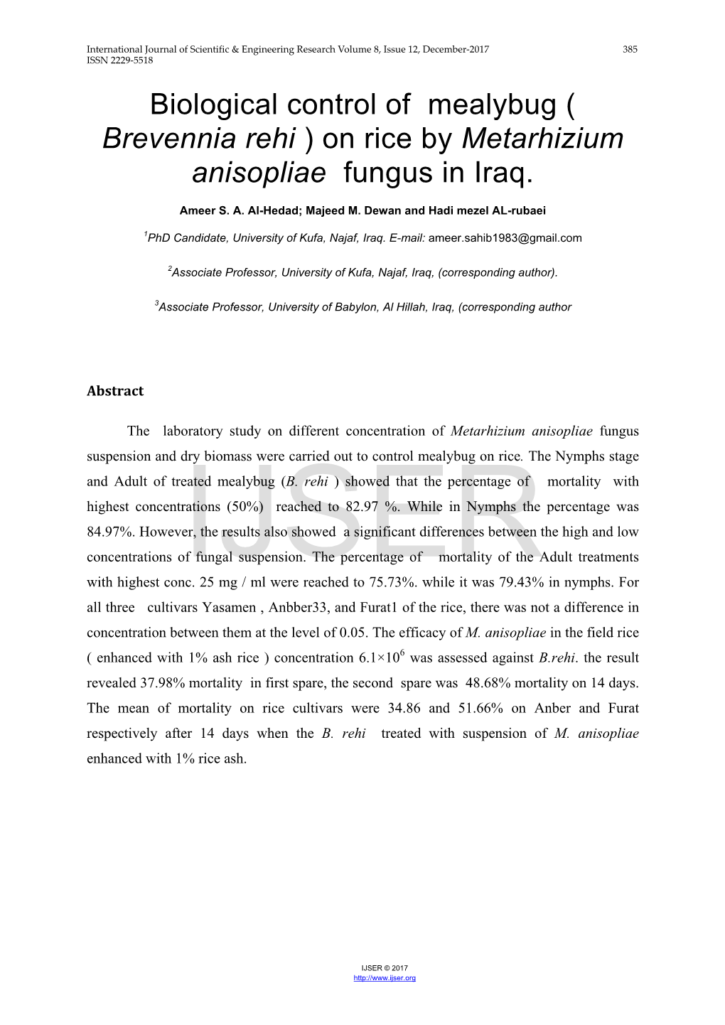 Biological Control of Mealybug ( Brevennia Rehi ) on Rice by Metarhizium Anisopliae Fungus in Iraq