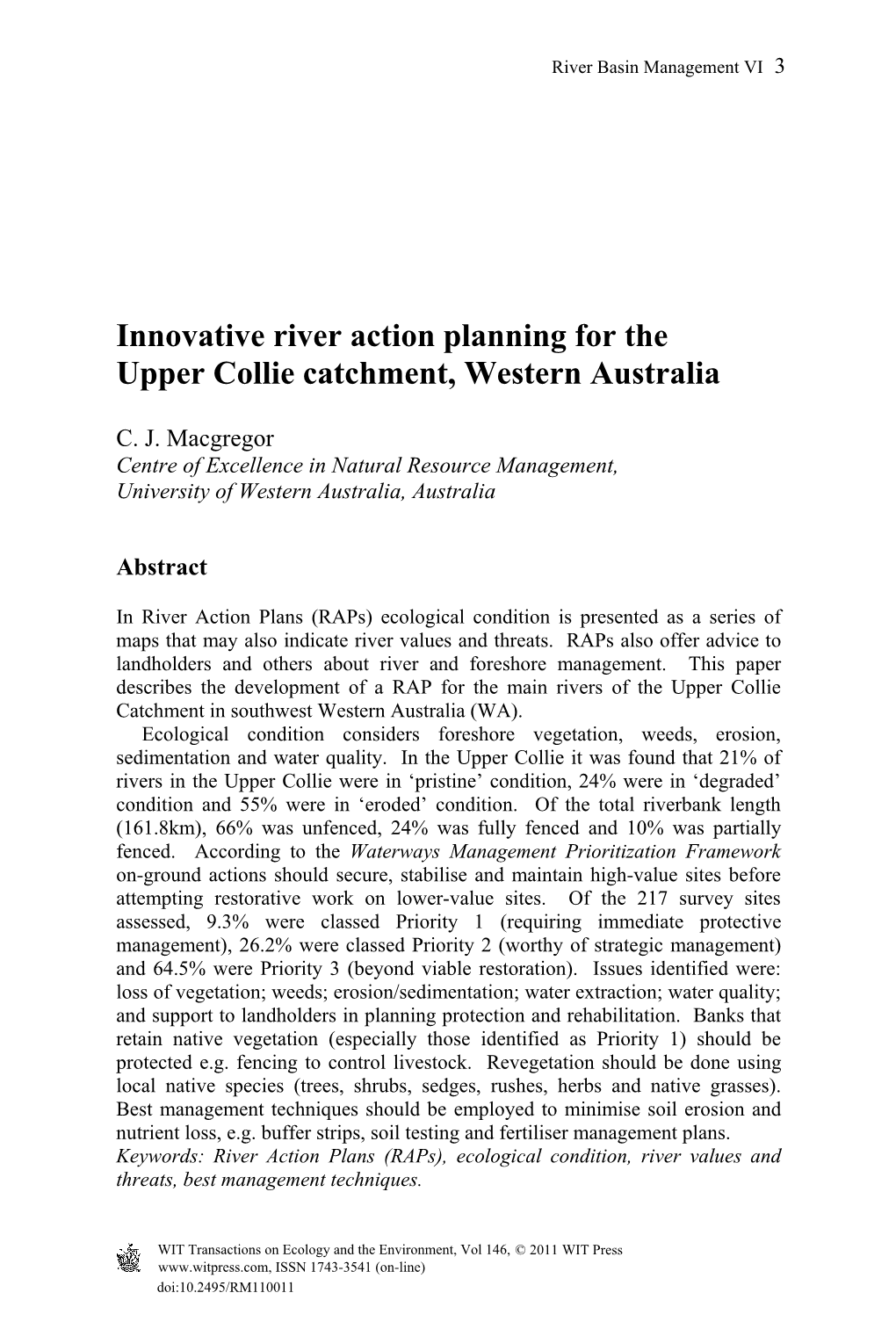 Innovative River Action Planning for the Upper Collie Catchment, Western Australia