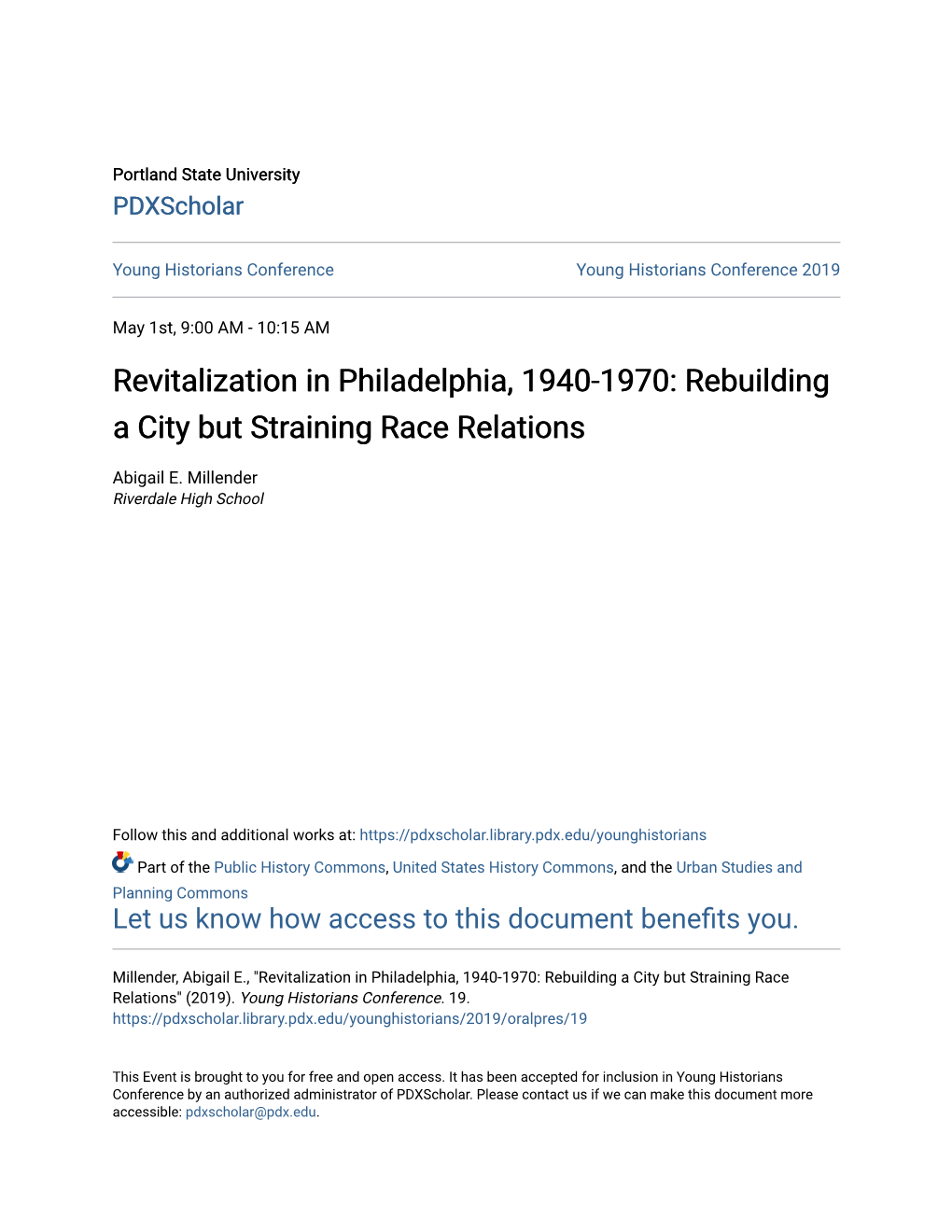 Revitalization in Philadelphia, 1940-1970: Rebuilding a City but Straining Race Relations