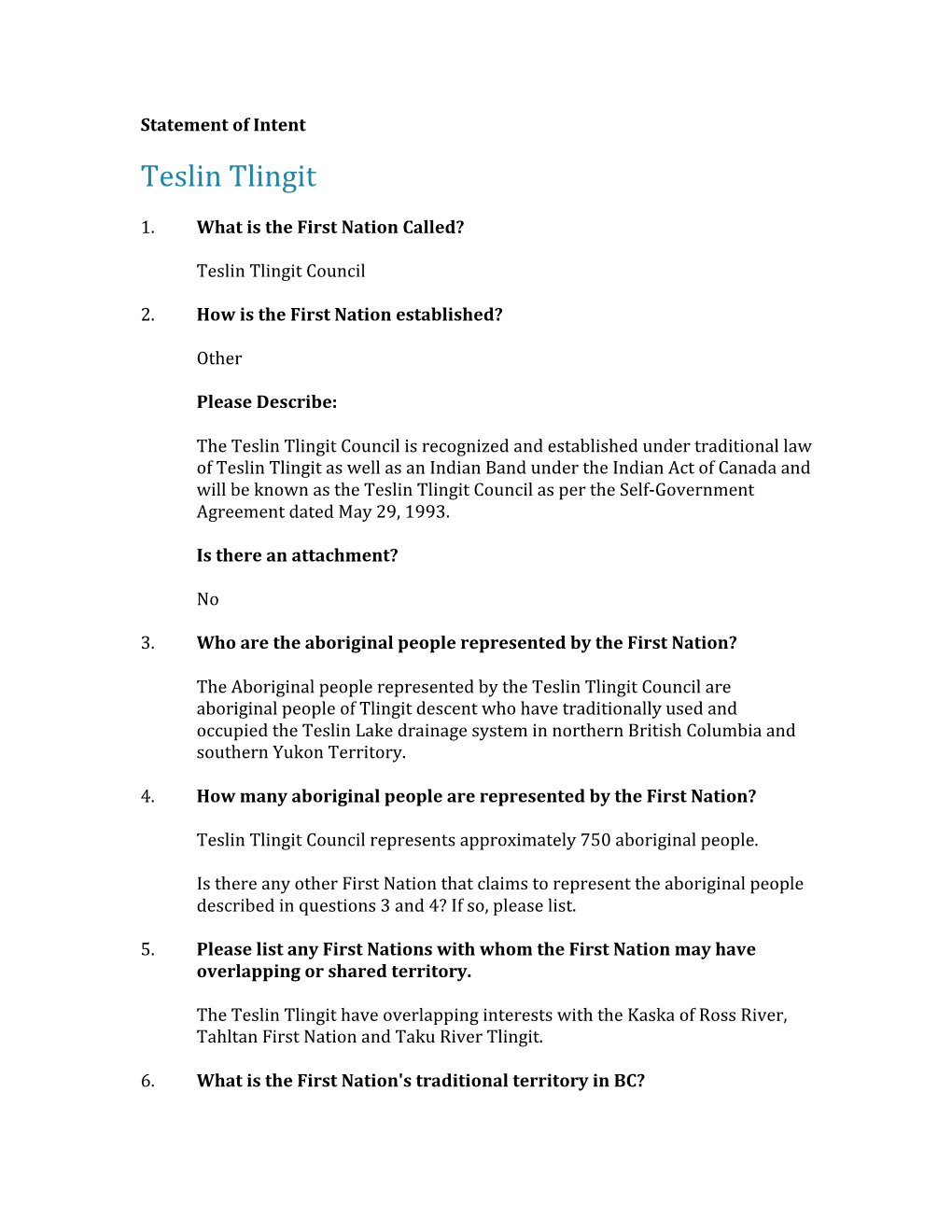 Teslin Tlingit Statement of Intent