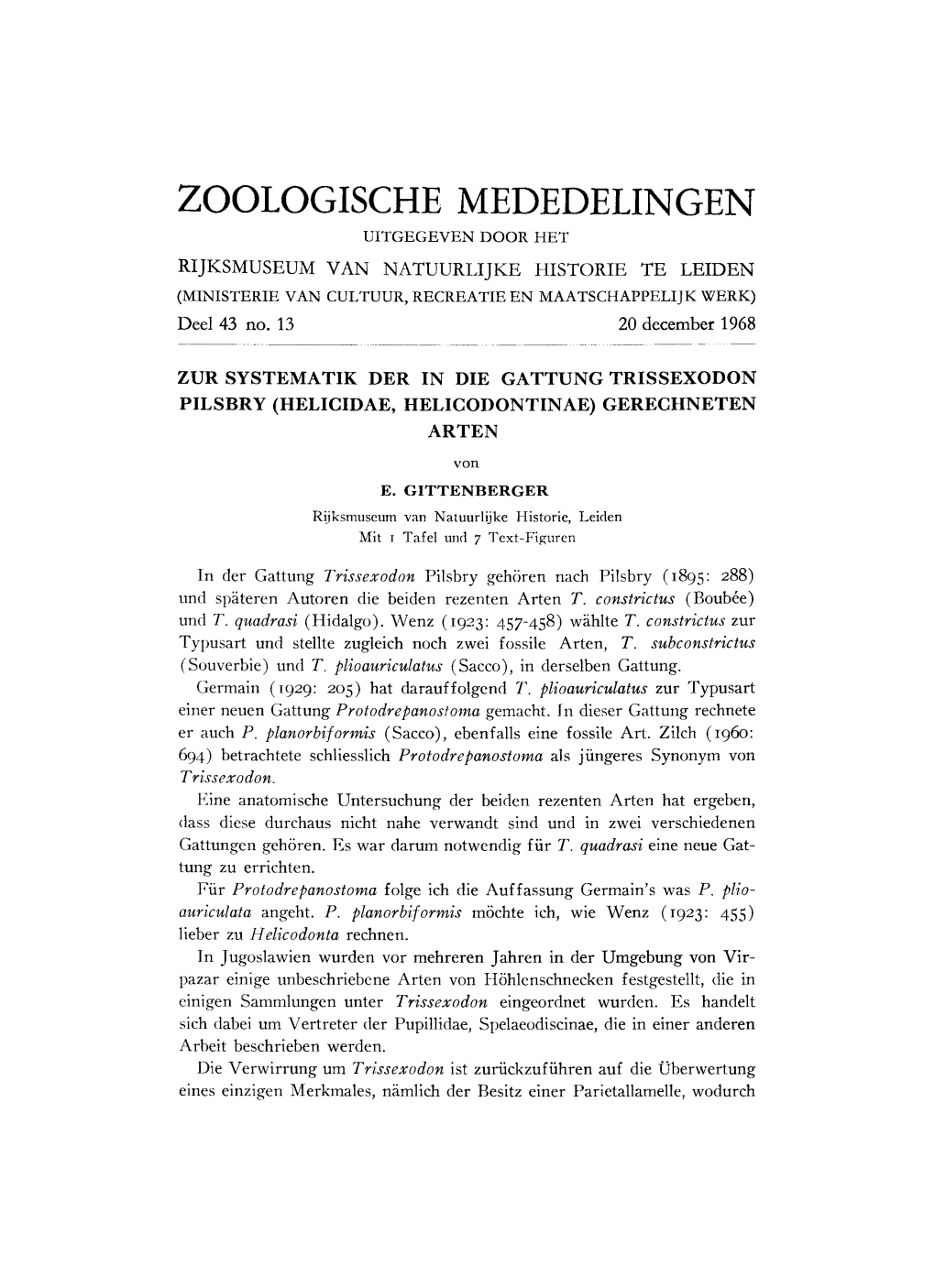 ZOOLOGISCHE MEDEDELINGEN UITGEGEVEN DOOR HET RIJKSMUSEUM VAN NATUURLIJKE HISTORIE TE LEIDEN (MINISTERIE VAN CULTUUR, RECREATIE EN MAATSCHAPPELIJK WERK) Deel 43 No