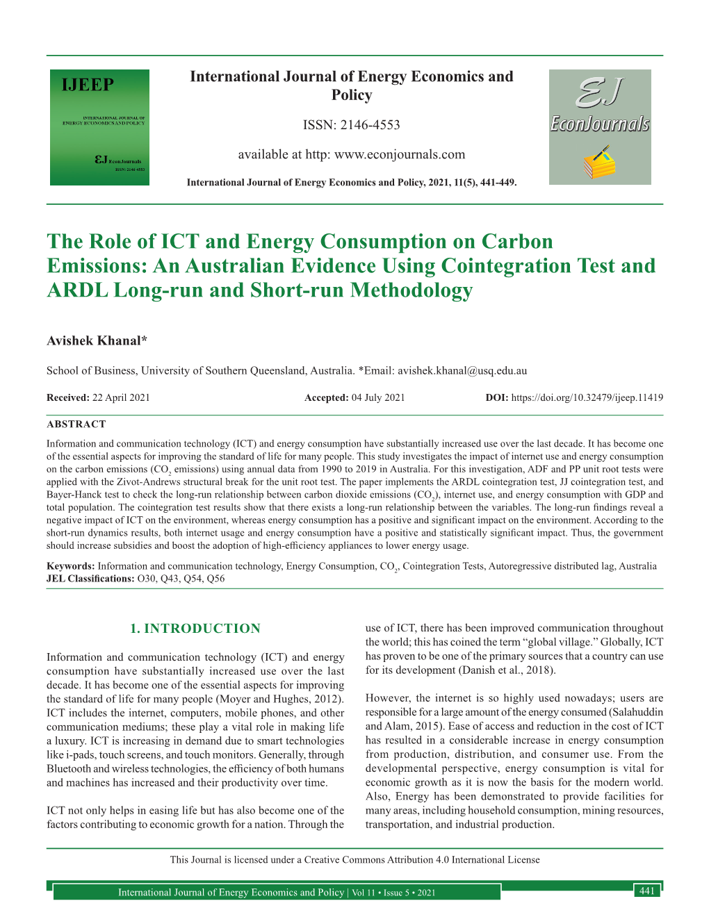 The Role of ICT and Energy Consumption on Carbon Emissions: an Australian Evidence Using Cointegration Test and ARDL Long-Run and Short-Run Methodology