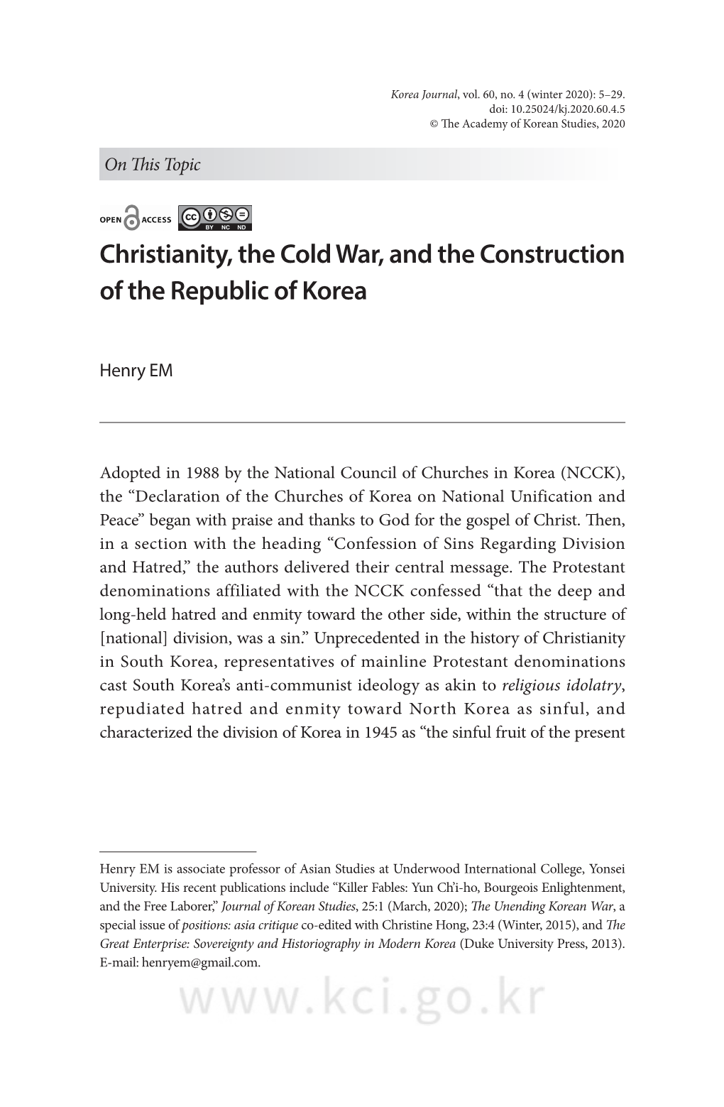 Christianity, the Cold War, and the Construction of the Republic of Korea