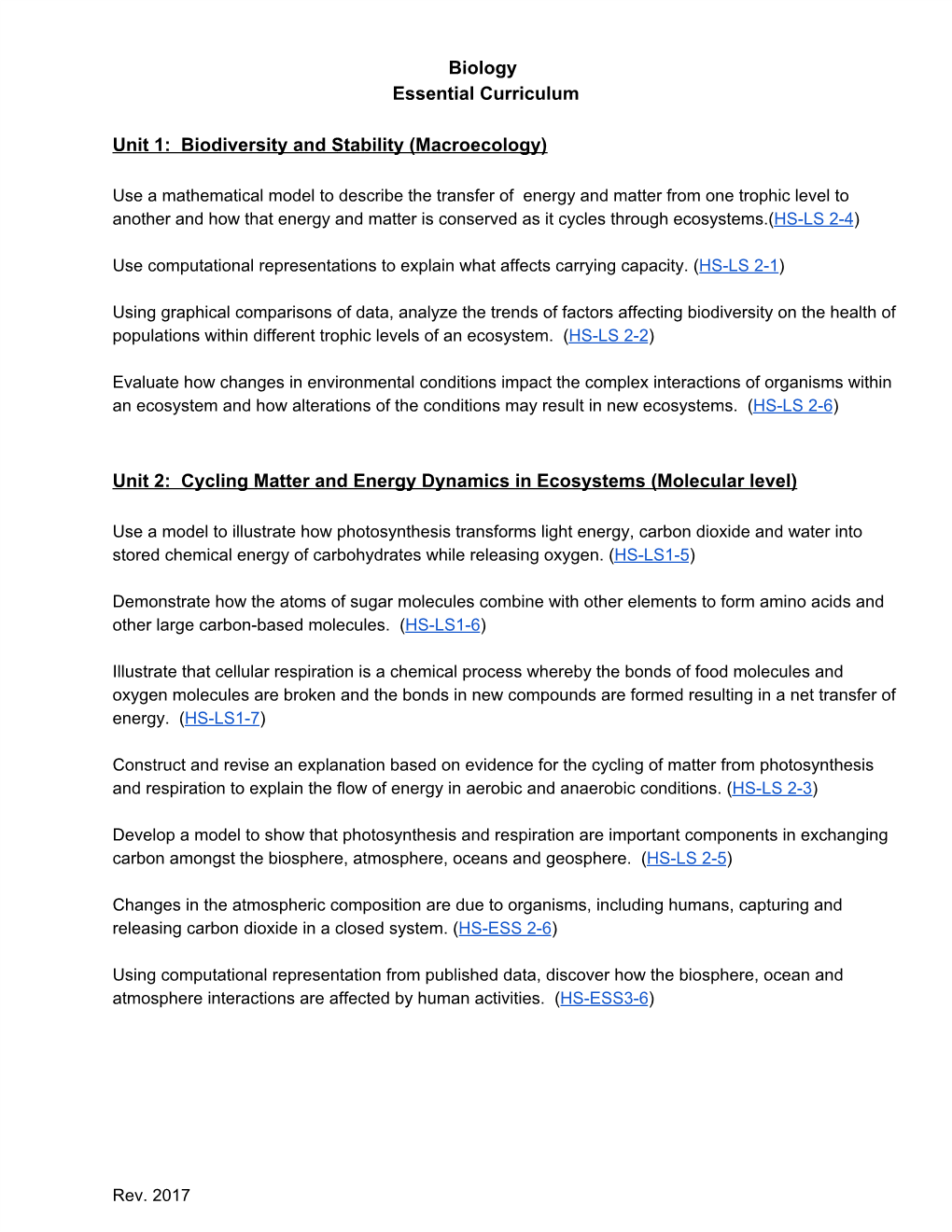 Biology Essential Curriculum Unit 1: Biodiversity and Stability