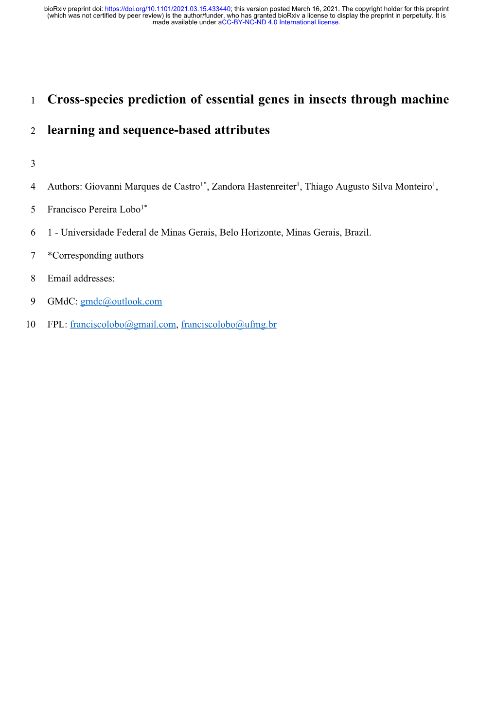 Cross-Species Prediction of Essential Genes in Insects Through Machine