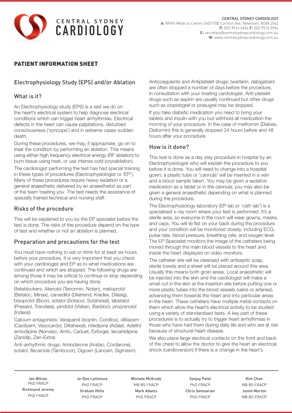 PATIENT INFORMATION SHEET Electrophysiology Study (EPS)