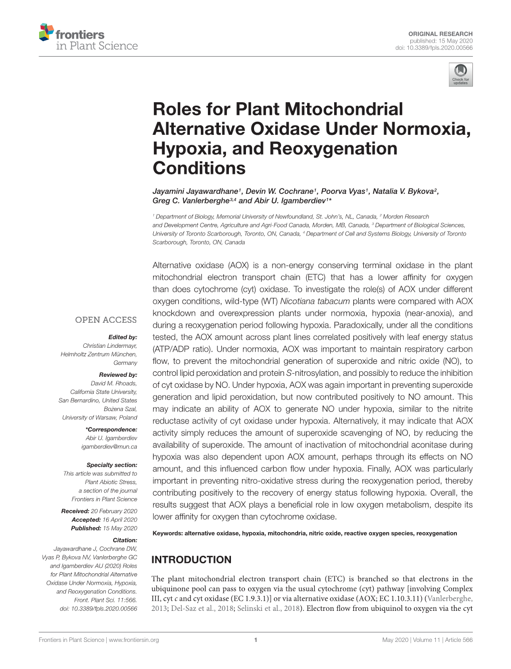 Roles for Plant Mitochondrial Alternative Oxidase Under Normoxia, Hypoxia, and Reoxygenation Conditions