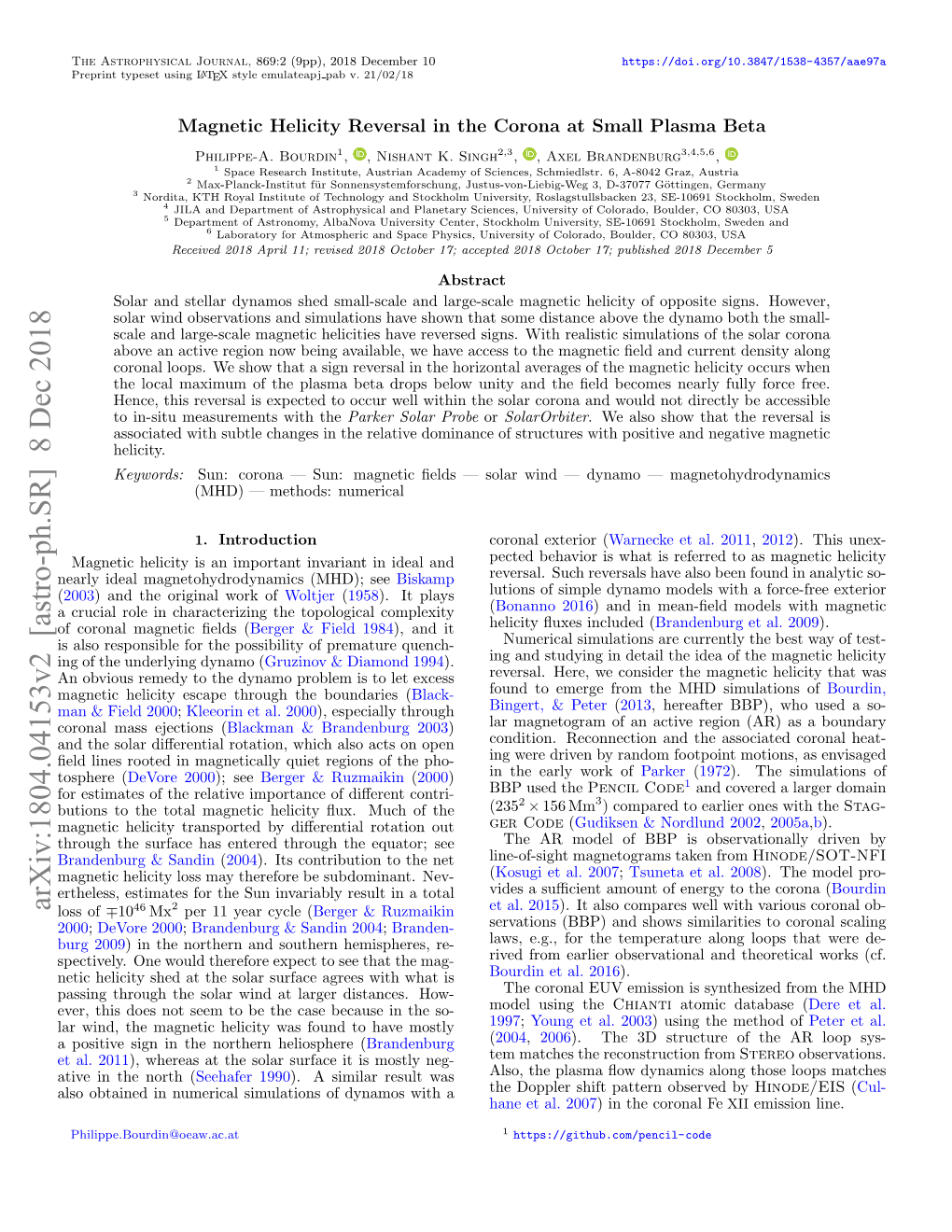 Magnetic Helicity Reversal in the Corona at Small Plasma Beta