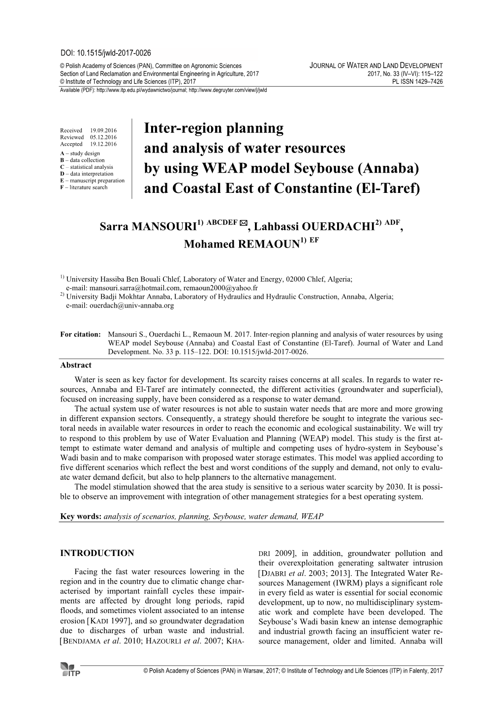 Inter-Region Planning and Analysis of Water Resources by Using WEAP Model Seybouse (Annaba) and Coastal East of Constantine (El-Taref)